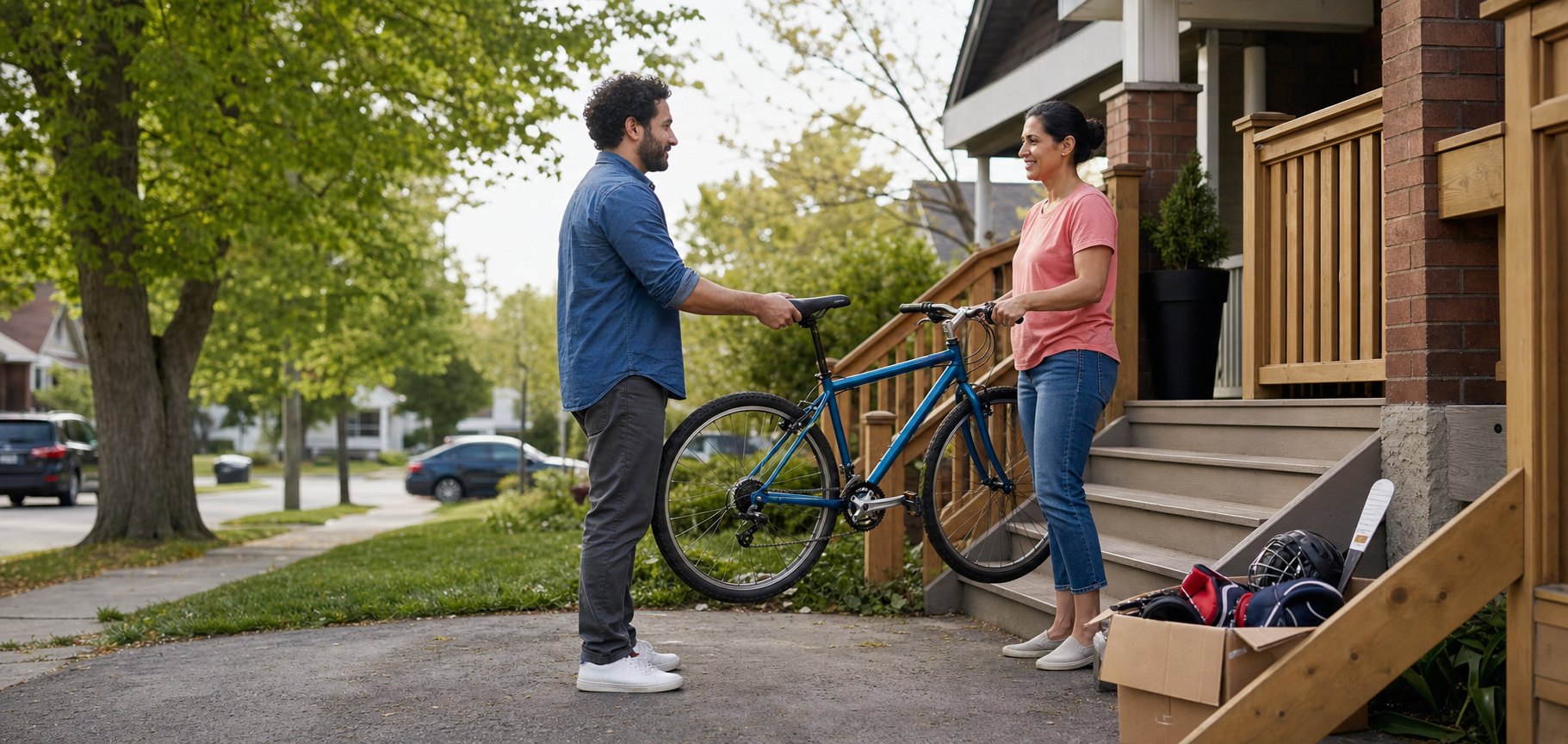Neighbours sharing a bicycle and community items